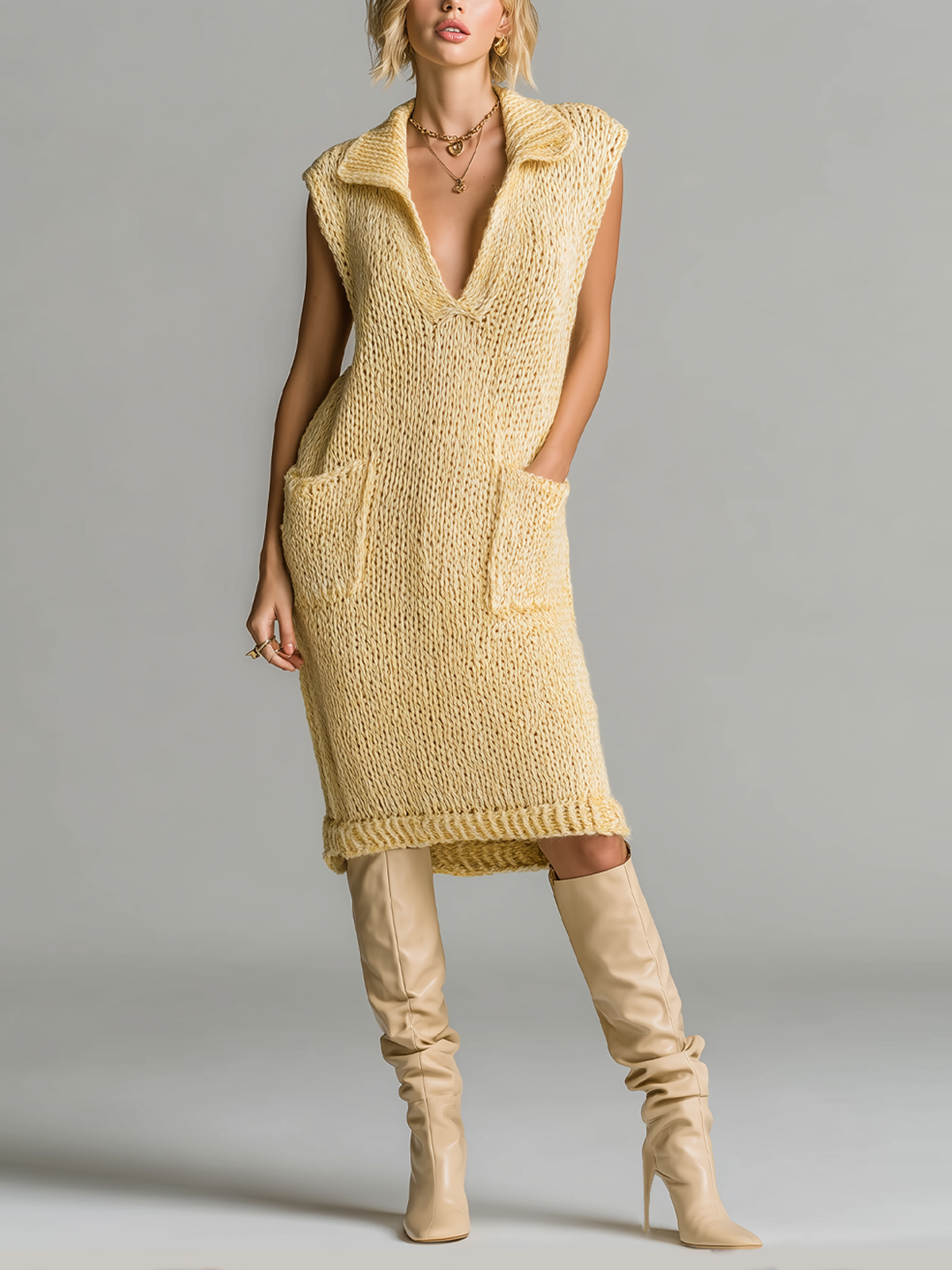 Stylish Elegant Yellow Lapel Collar V-Neck Sleeveless Patch Pockets Loose Knit Midi Dress