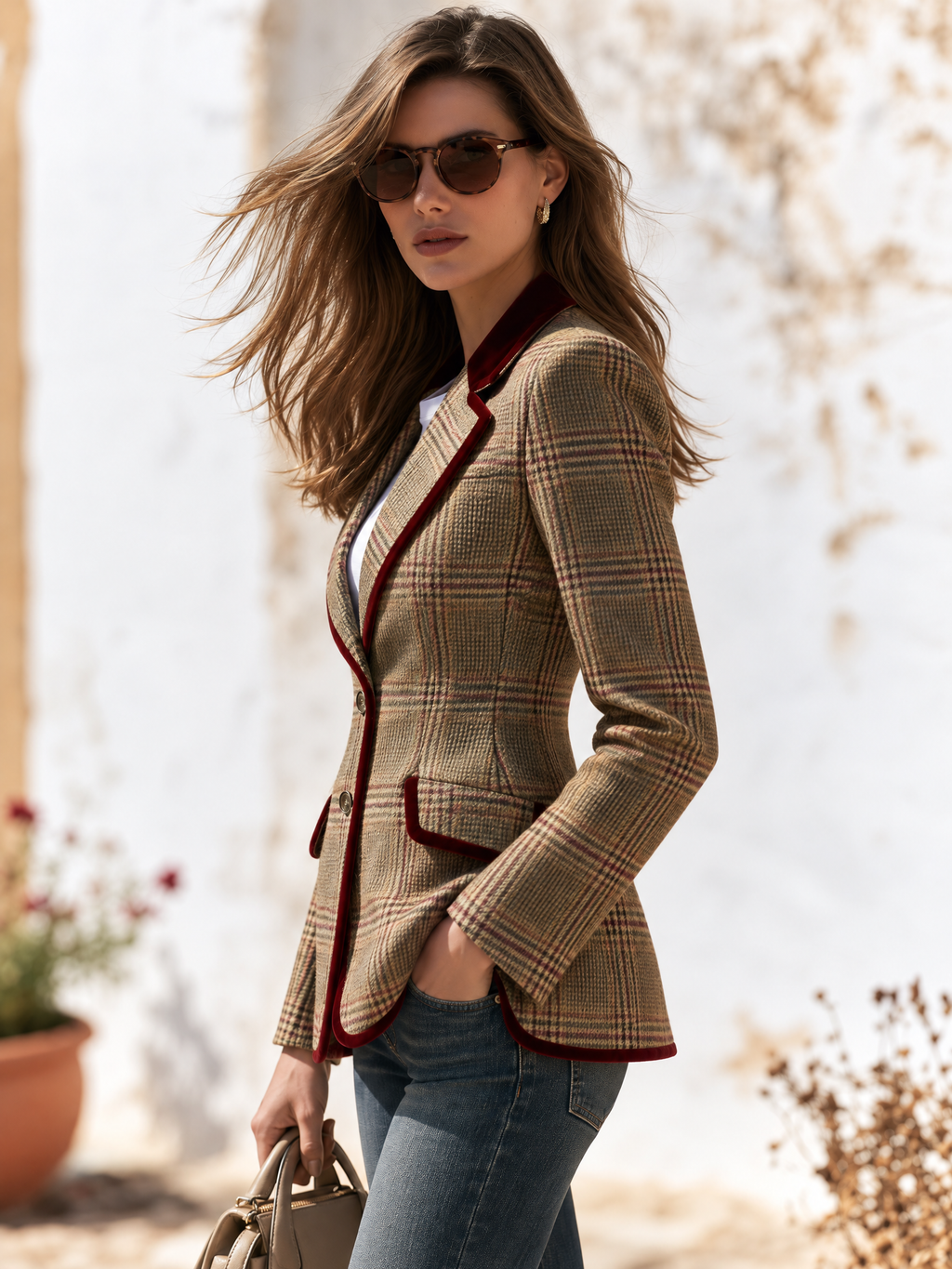 Retro Velvet Color-blocked Plaid Tweed Blazer