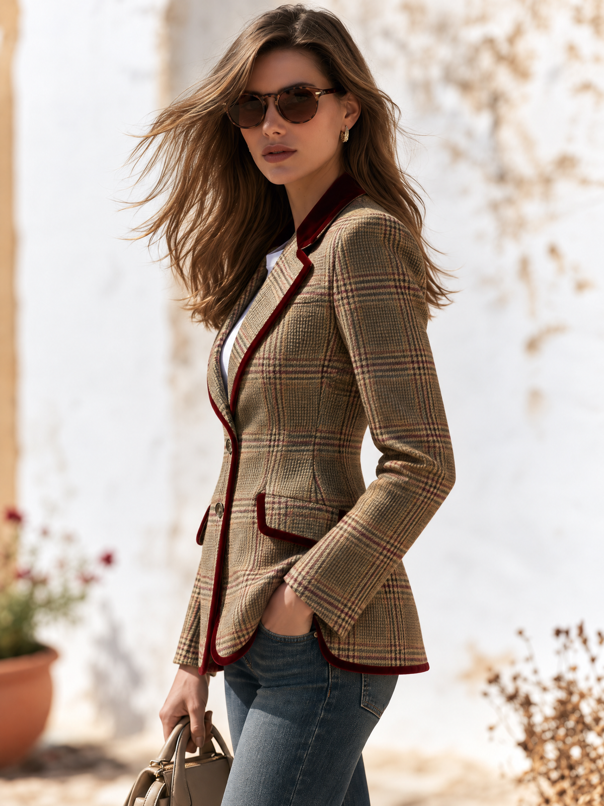 Retro Velvet Color-blocked Plaid Tweed Blazer