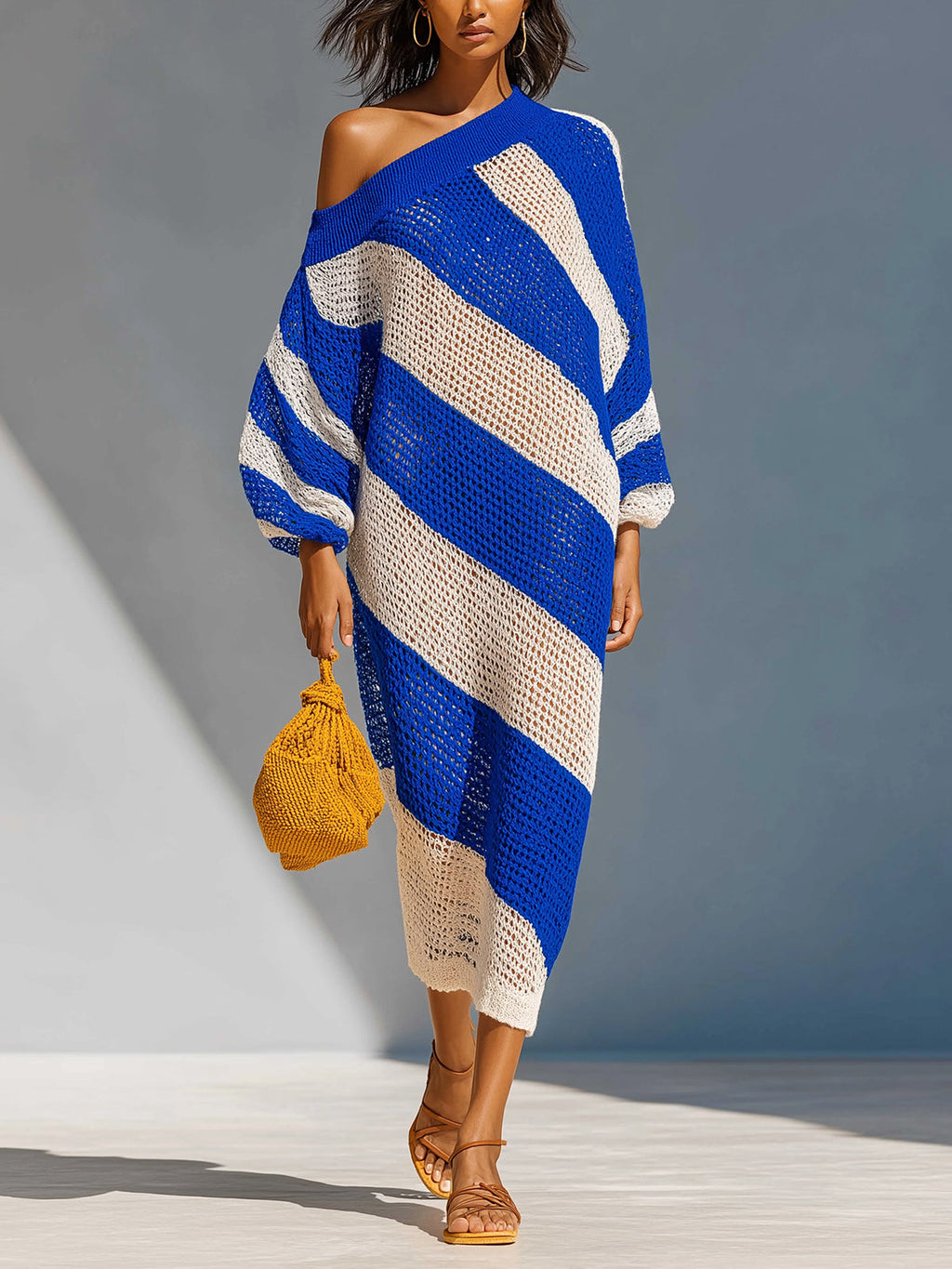 Chic Elegant Royal Blue-White Stripes One-Shoulder Long Lantern Sleeve Loose-Fit Knit Maxi Dress