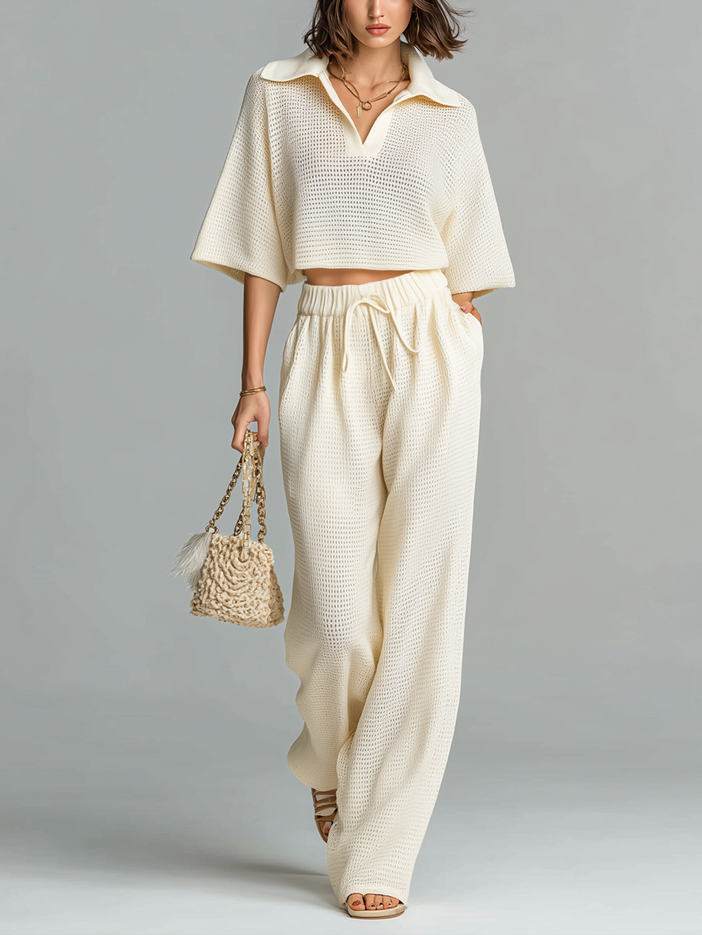 Chic Elegant Beige Lapel Neck V-Neck Short-Sleeve Oversize Tops Wide-Leg Pants Mesh-Knit Two-Piece Set
