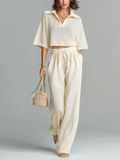 Chic Elegant Beige Lapel Neck V-Neck Short-Sleeve Oversize Tops Wide-Leg Pants Mesh-Knit Two-Piece Set