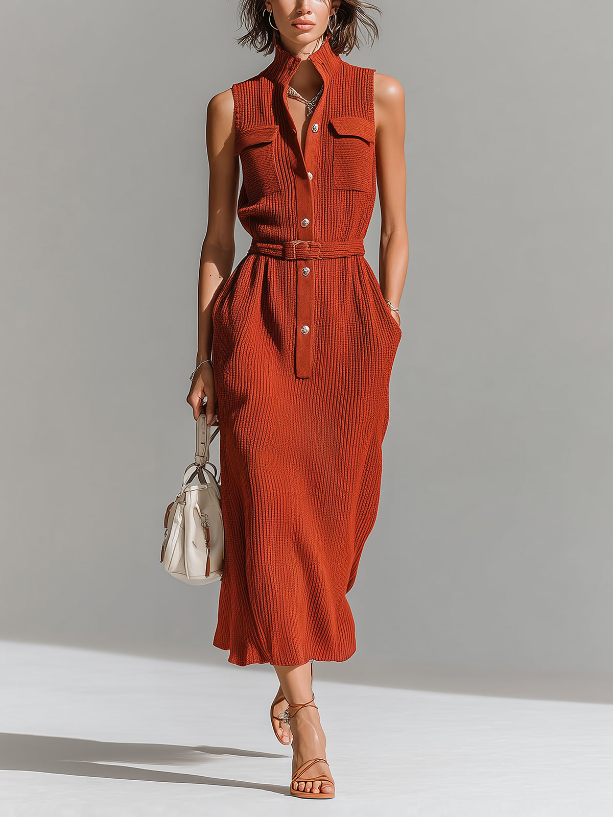 Chic Elegant Red Stand Collar Button-Front Chest Pockets Sleeveless Belted Waist Loose-Fit Ribbed Knit Maxi Dress