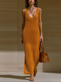 Chic Elegant Burnt-Orange V-Neck Sleeveless Loose-Fit Hollow Out Knit Maxi Dress