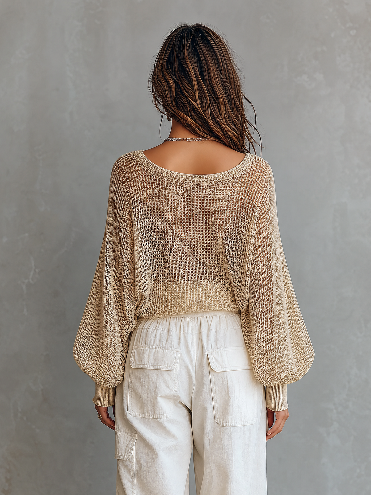 Chic Casual Beige V-Neck Balloon Long Sleeve Loose-Fit Mesh Knit Sweater Top