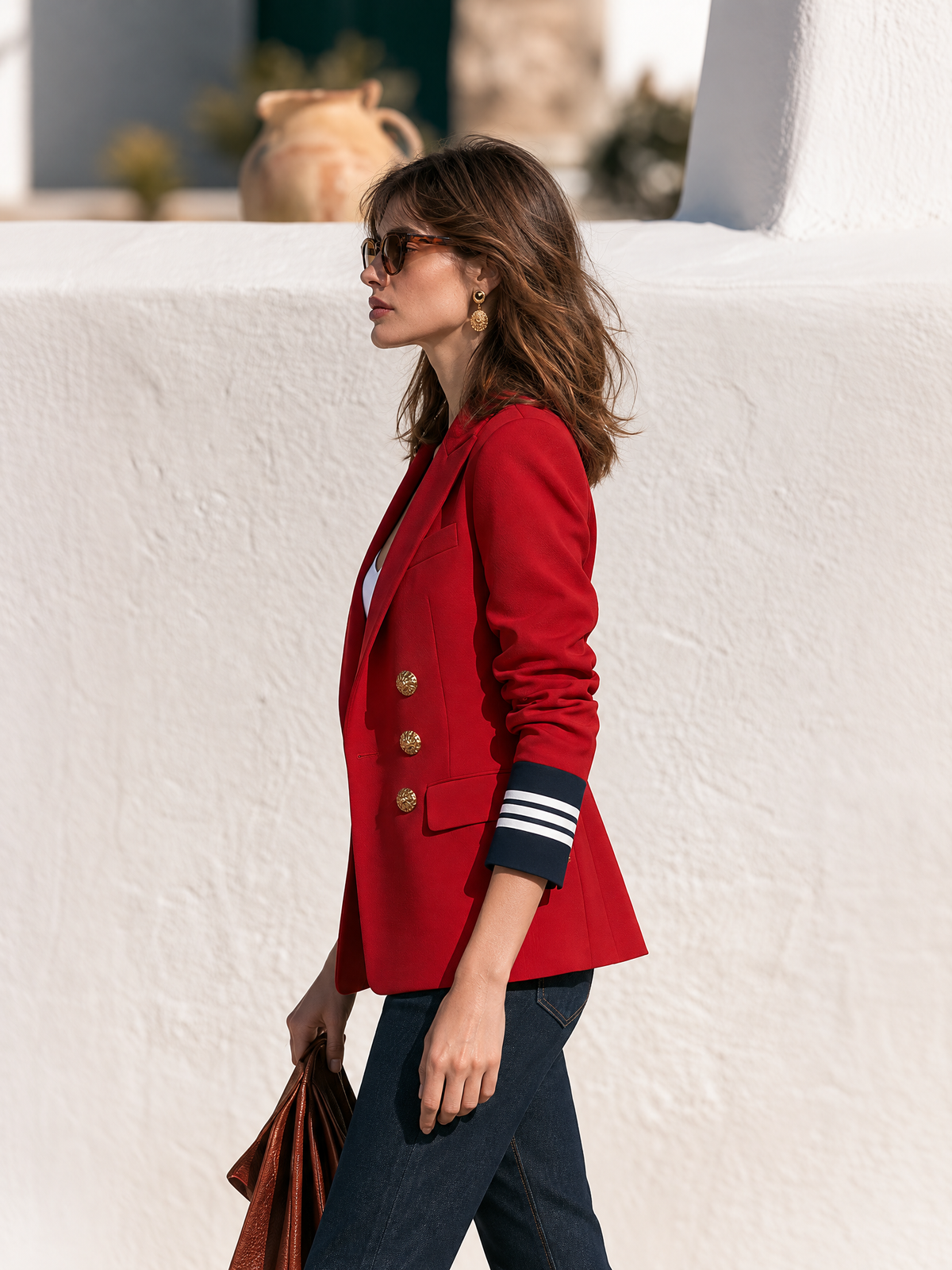 Vintage-chic Contrasting-colored Collar Red Long-sleeved Blazer