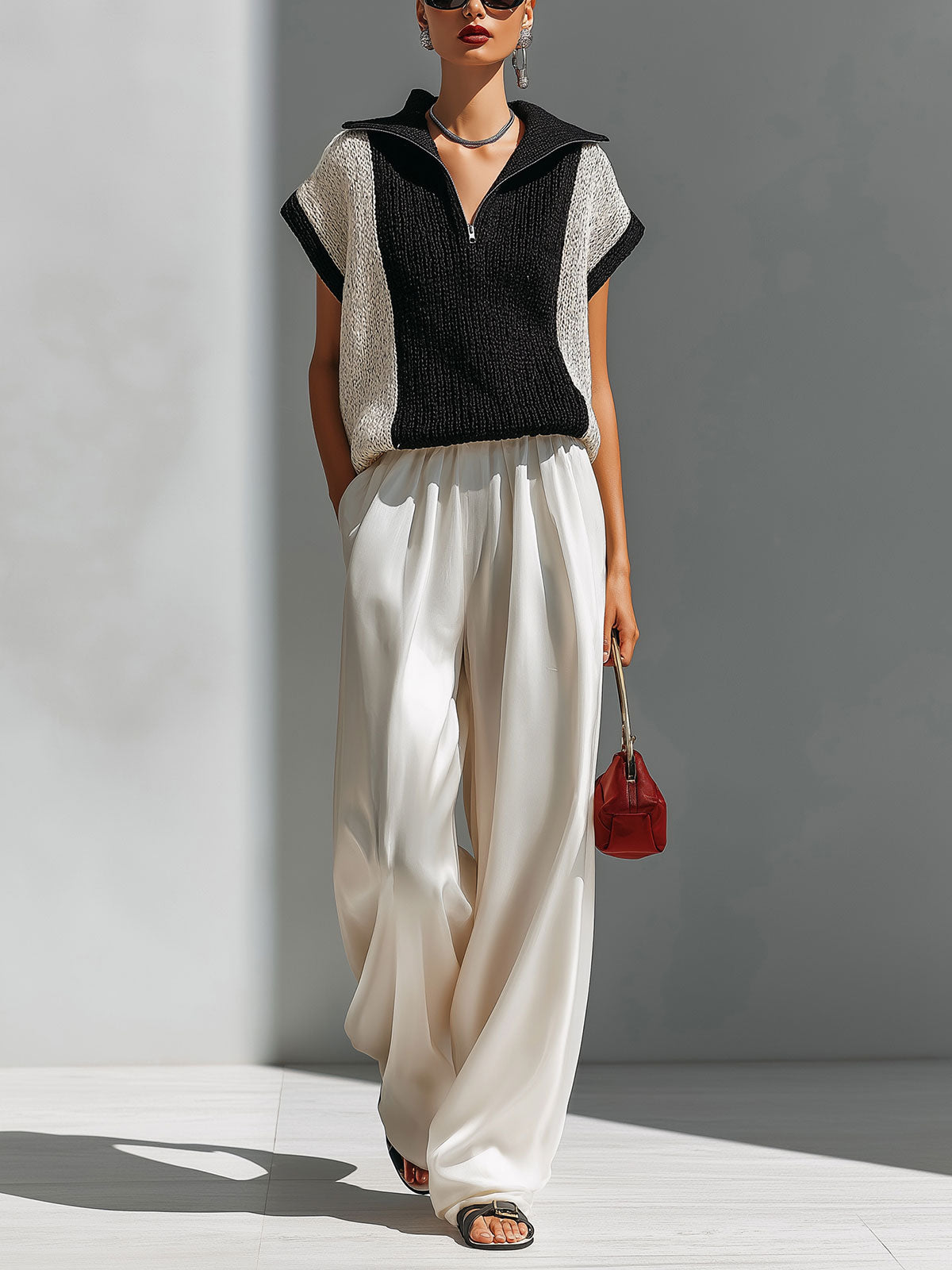 Chic Elegant Black-Beige Colorblock Zipper-Up Lapel Collar Short-Sleeve Knit Sweater Top Beige Satin Wide-Let Pants Two-Piece Set