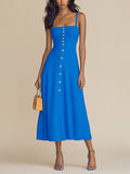 Chic Elegant Royal Blue Thin Straps Sleeveless Button-Front Slim-Fit Ribbed Knit A-Line Midi Dress