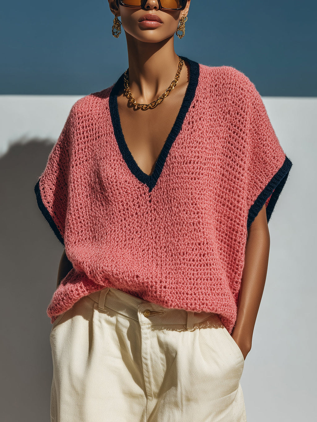 Chic Casual Dark Pink Contrast-Trim V-Neck Short-Sleeve Loose-Fit Breathable Knit Sweater Top
