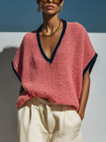 Chic Casual Dark Pink Contrast-Trim V-Neck Short-Sleeve Loose-Fit Breathable Knit Sweater Top