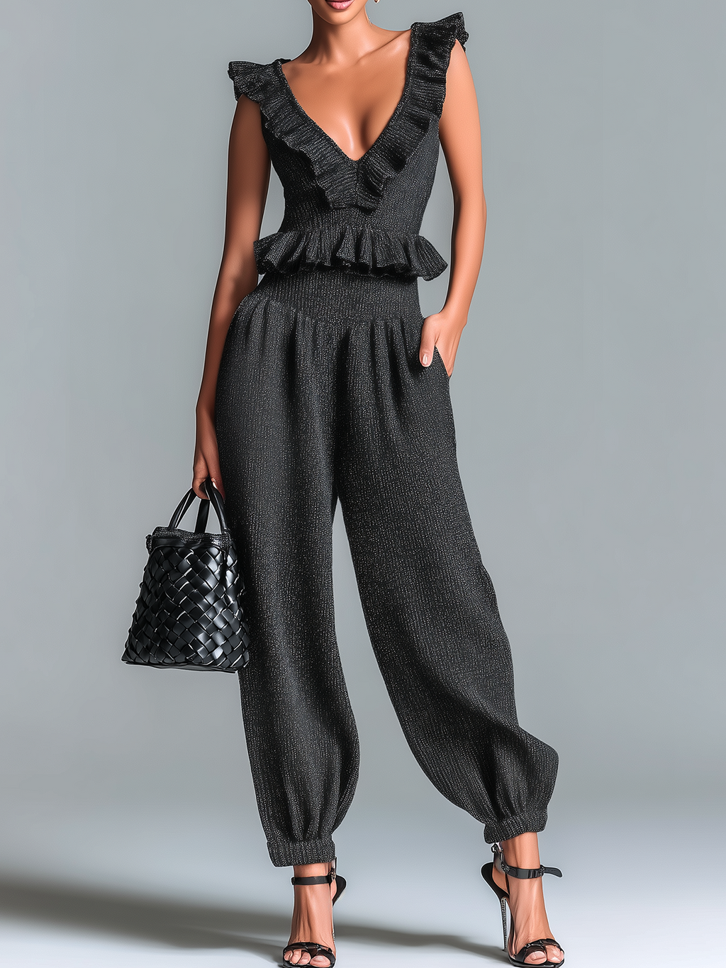 Stylish Elegant Black V-neck Sleeveless Ruffle Sweater Top High-Waist Balloon Pants Knit Two-Piece Set