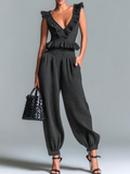 Stylish Elegant Black V-neck Sleeveless Ruffle Sweater Top High-Waist Balloon Pants Knit Two-Piece Set