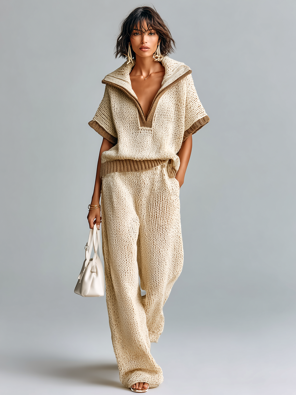 Fashion Casual Beige Colorblock Lapel Collar Short-Sleeve Loose Sweater Wide-Leg Pants Knit Two-Piece Set