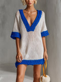 Chic Elegant Royal Blue-White Colorblock Deep V-Neck Short-Sleeve Loose-Fit Knit Mini Dress