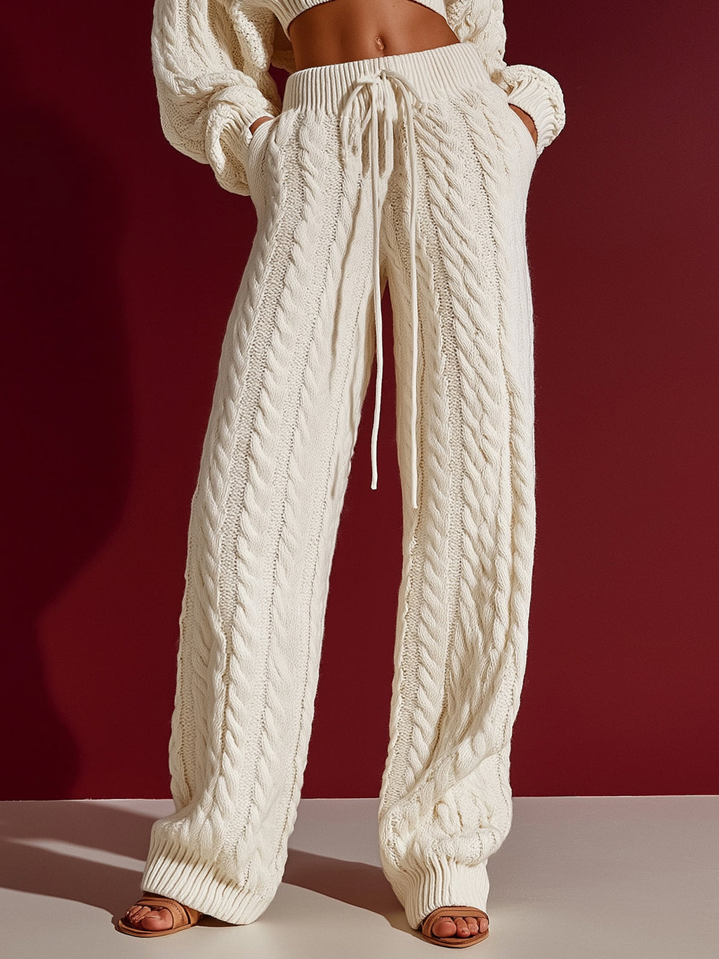 Chic Elegant Beige Drawstring Elastic Waist Side Pocket Cable-Knit Wide-Leg Pants