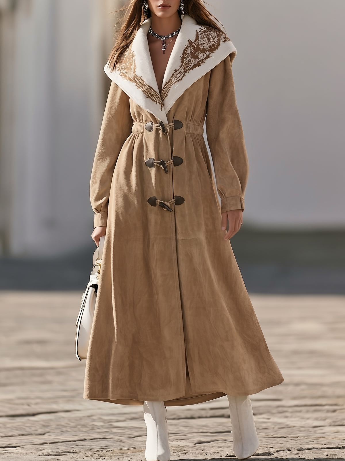 Nomadic Style Camel Embroidered Collar Buckle Front Long Faux Suede Coat