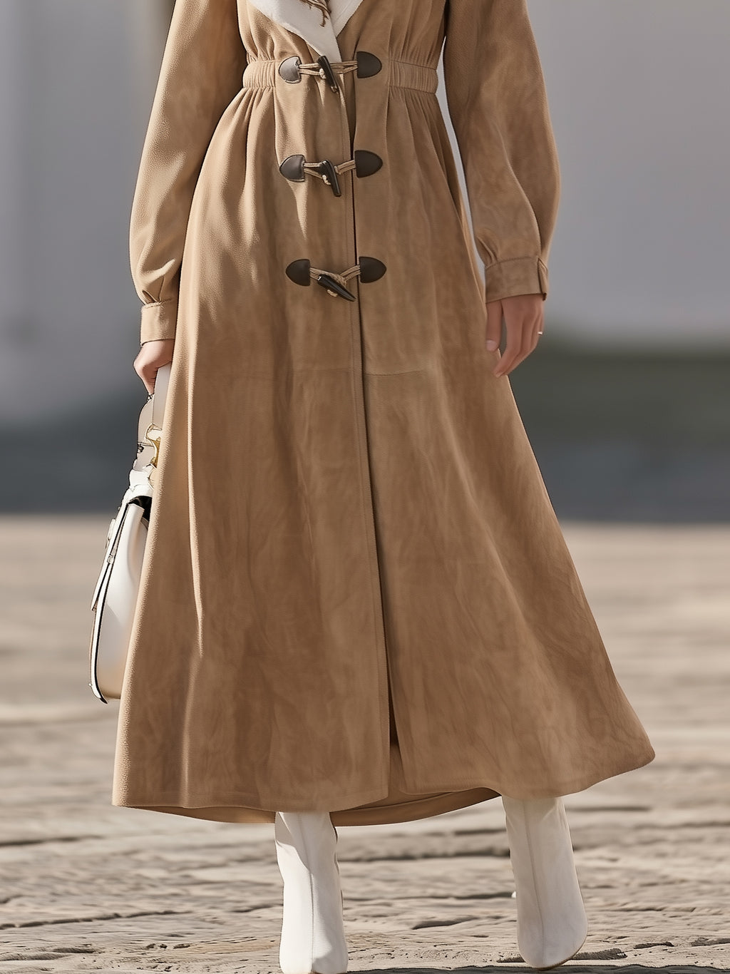 Nomadic Style Camel Embroidered Collar Buckle Front Long Faux Suede Coat