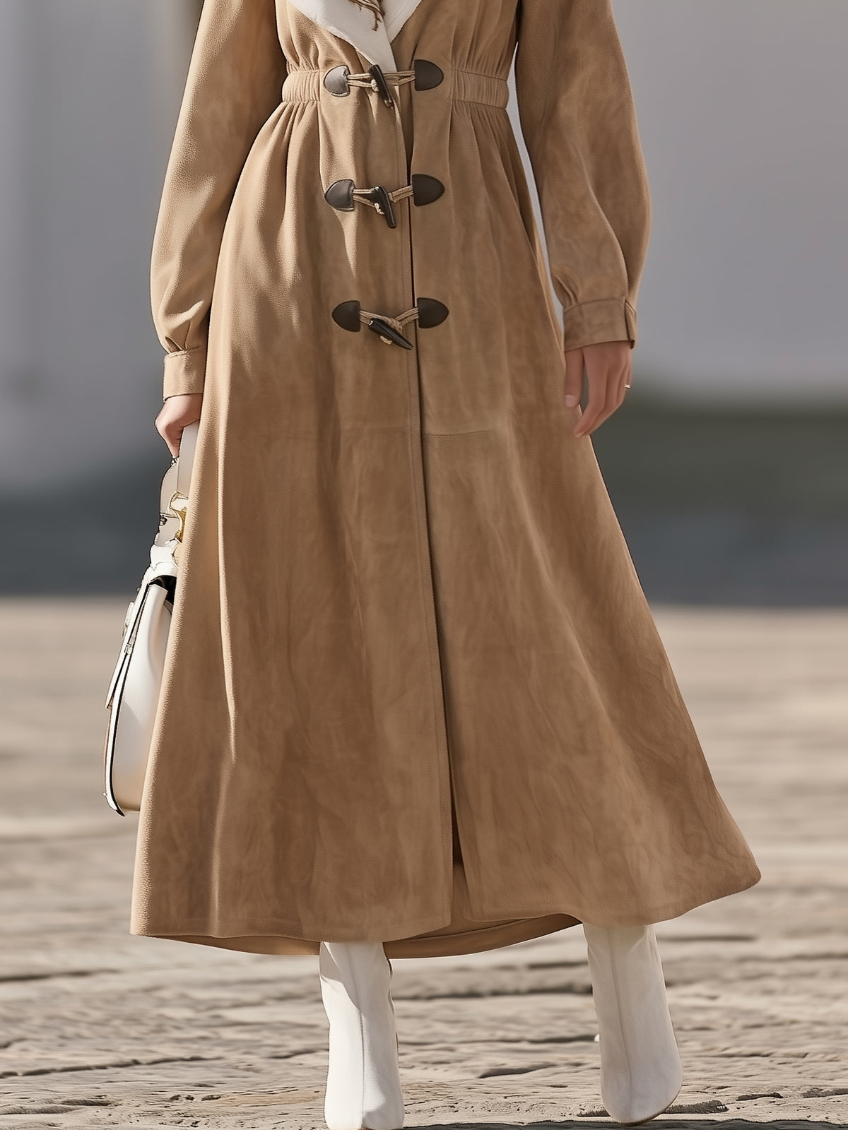 Nomadic Style Camel Embroidered Collar Buckle Front Long Faux Suede Coat