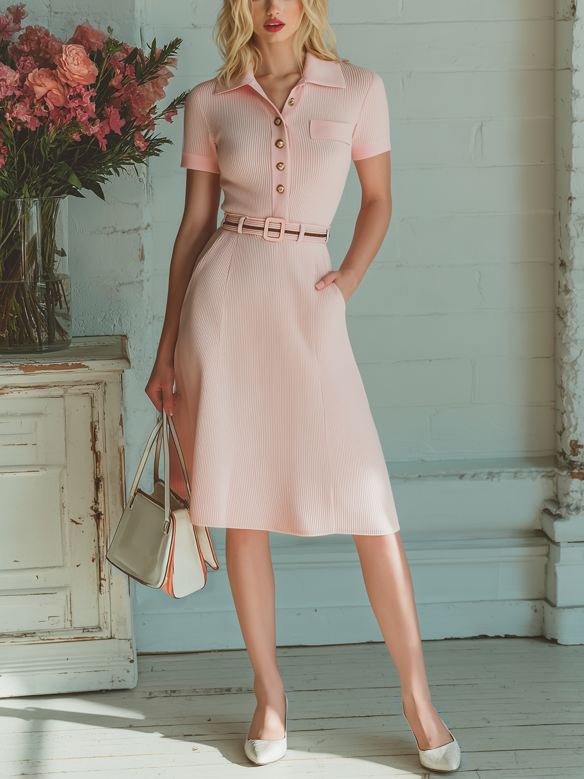 Chic Vintage Pink Polo Collar Short Sleeve Button-Front Belted Patch Pocket Slim-Fit Flare Hem Ribbed Knit Midi Dress