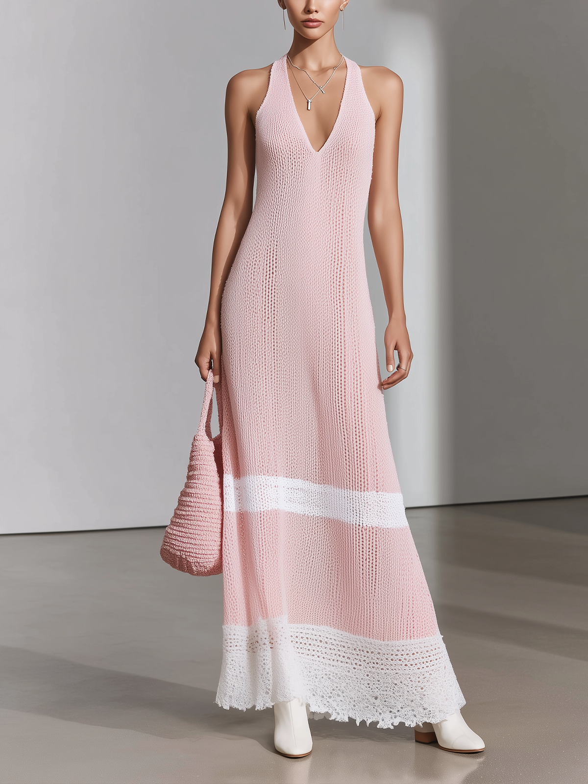 Chic Elegant Colorblock V-Neck Sleeveless Loose A-Line Knit Maxi Dress