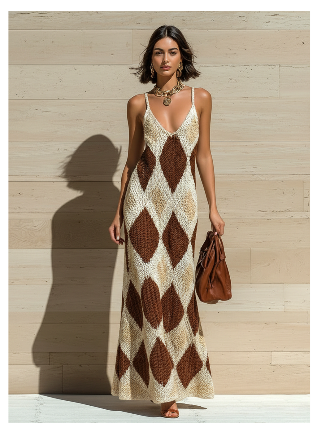 Chic Elegant Beige Geometric Jacquard Strappy Sleeveless Loose A-Line Ribbed Knit Maxi Dress