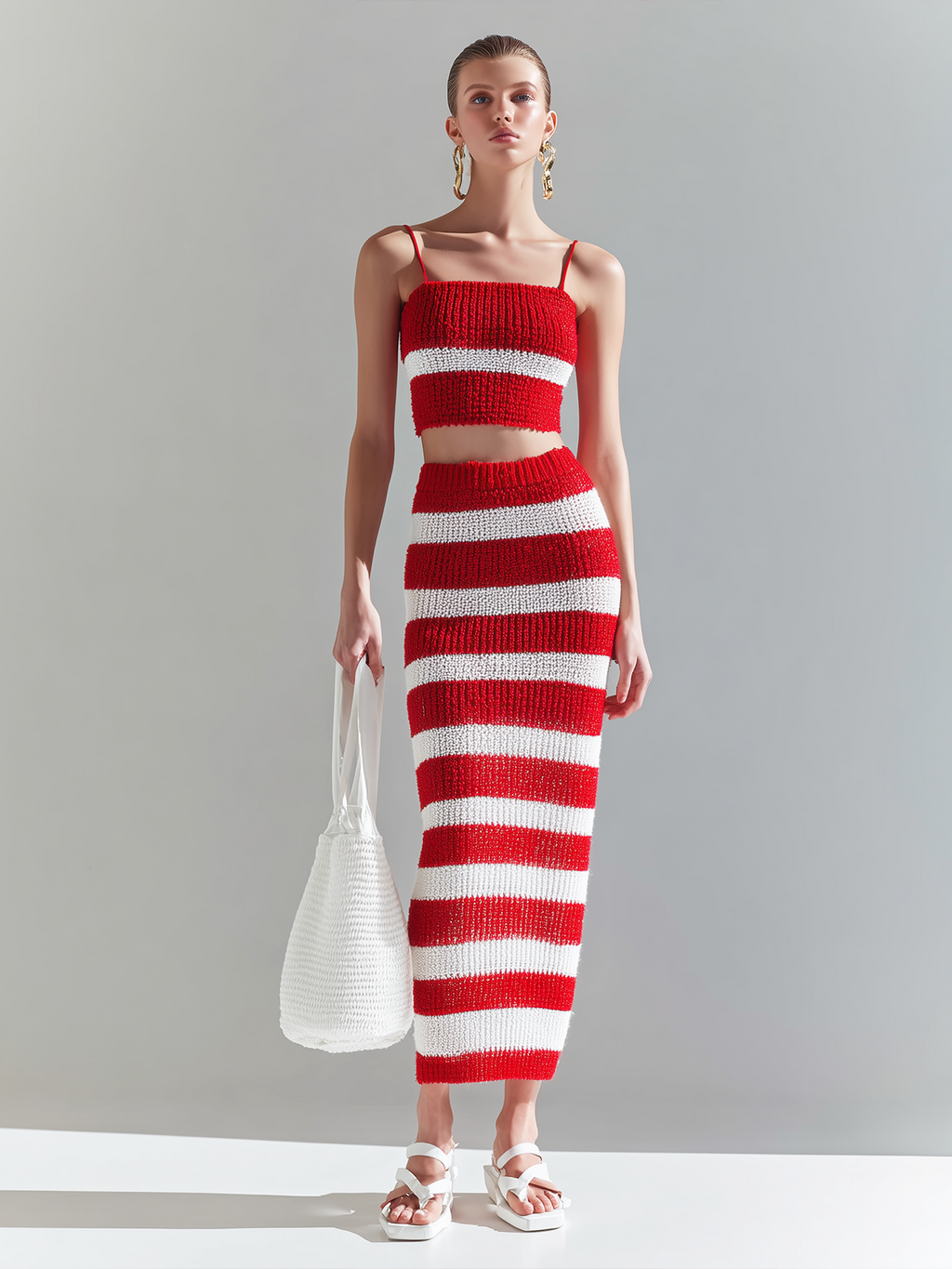 Stylish Elegant Red-White Striped Strappy Cropped Camisole Bodycon Maxi Skirt Knit Two-PieceSet