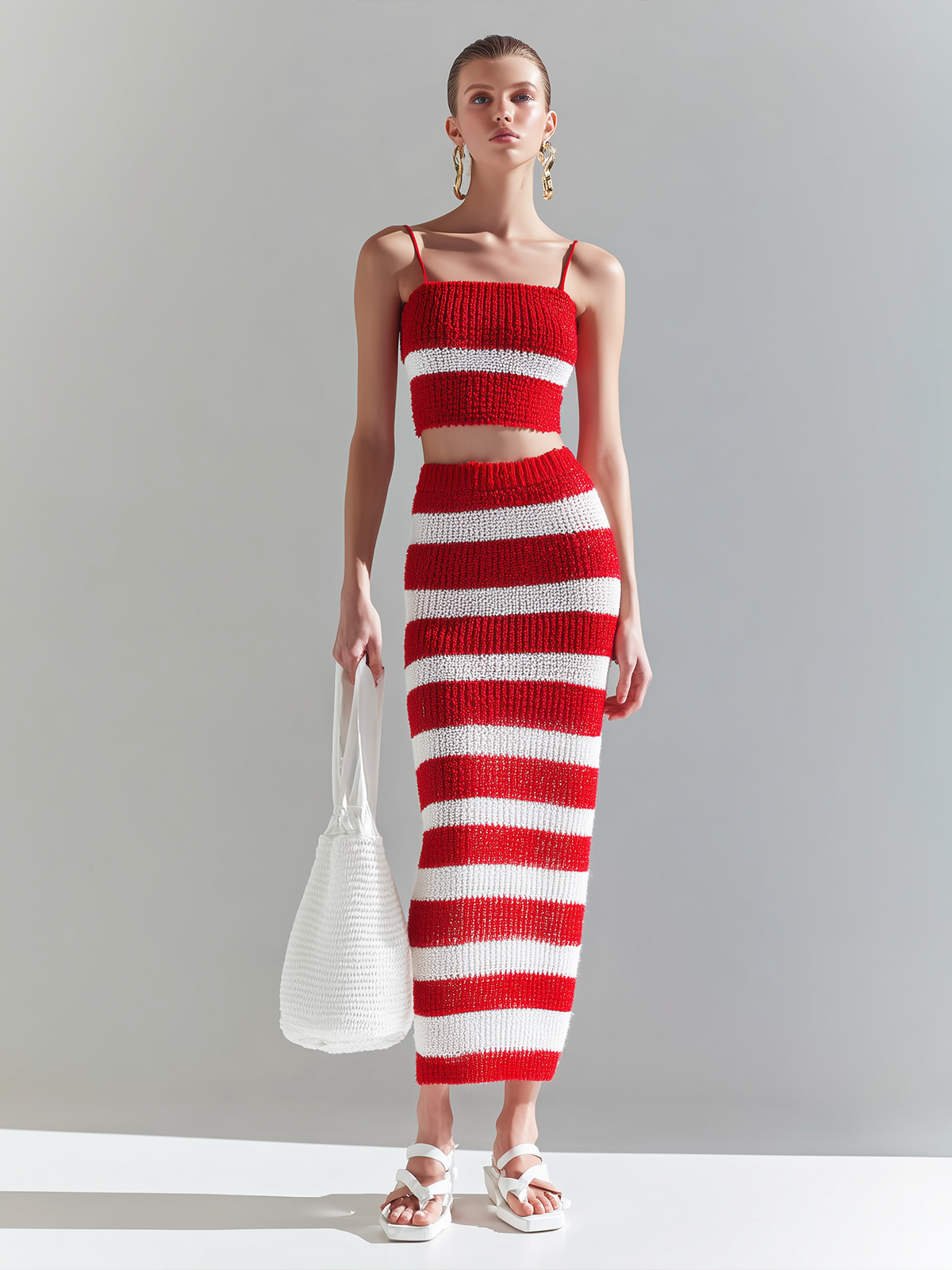 Stylish Elegant Red-White Striped Strappy Cropped Camisole Bodycon Maxi Skirt Knit Two-PieceSet