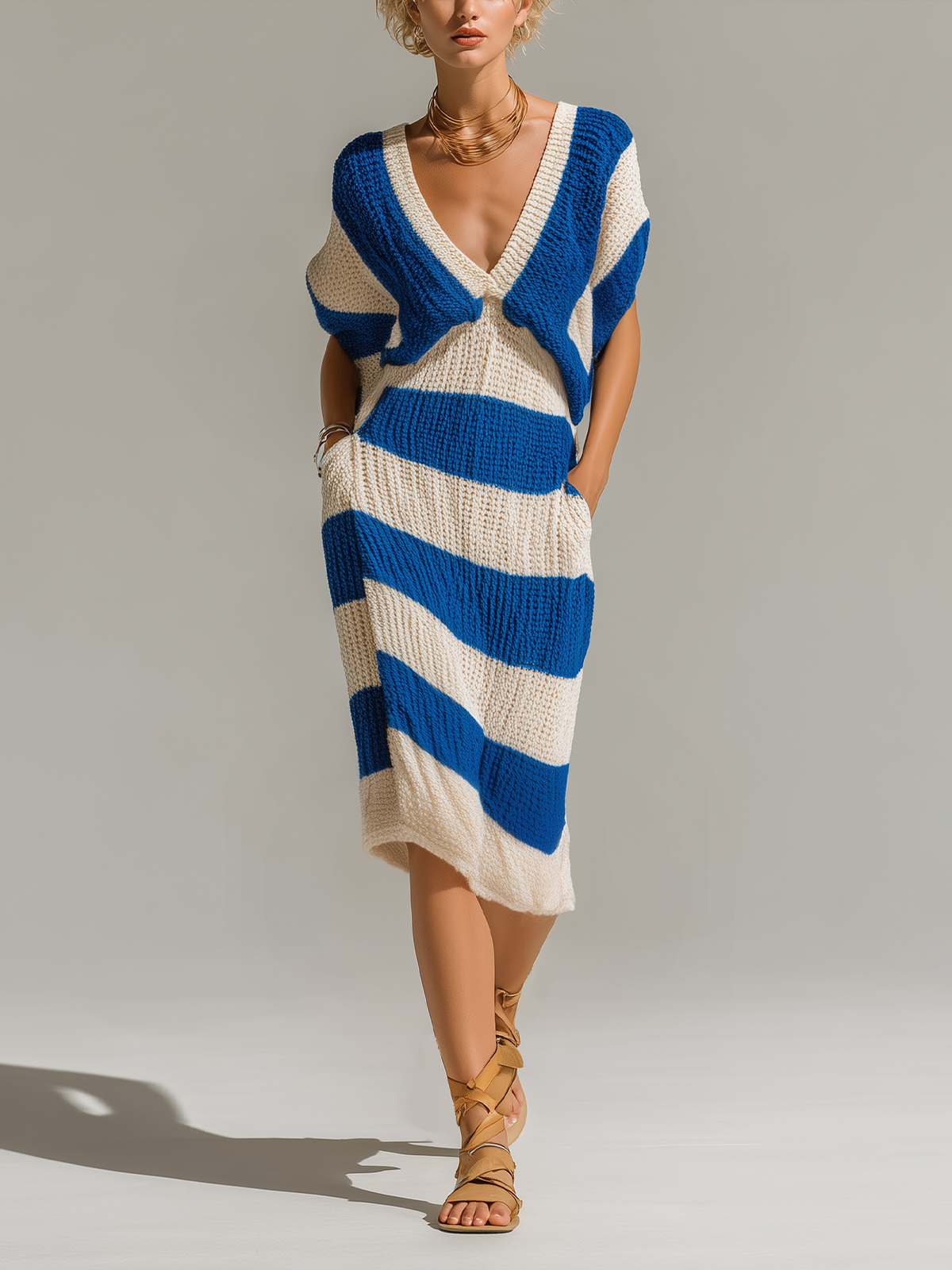 Stylish Elegant White-Blue Stripe  V-Neck Short-Sleeve Slim-Fit Ribbed Knit Midi Dress
