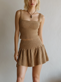 Chic Casual Camel Square Neck Sleeveless Tank Top Mini Skirt Knit Two-Piece Set