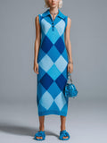 Chic Elegant Blue Colorblock Argyle Pattern Lapel V-Neck Sleeveless Loose-Fit Ribbed Knit Maxi Dress