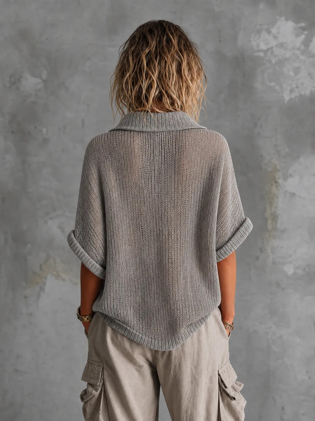 Chic Casual Dusty Grey Lapel-Collar V-Neck Button-Detail Half‑Sleeve Loose-Fit Mesh Knit Sweater Top