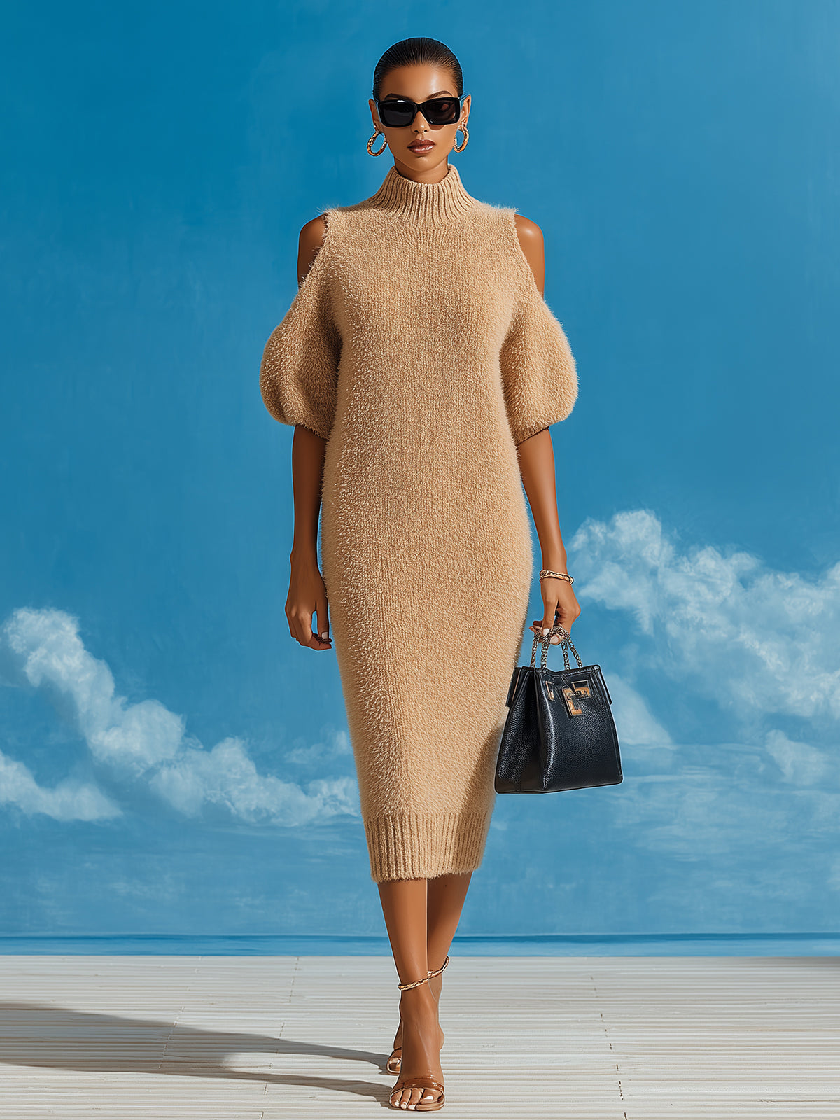 Chic Vintage Camel Mock Neck Cold Shoulder Short Sleeve Oversized Knit Midi Dress