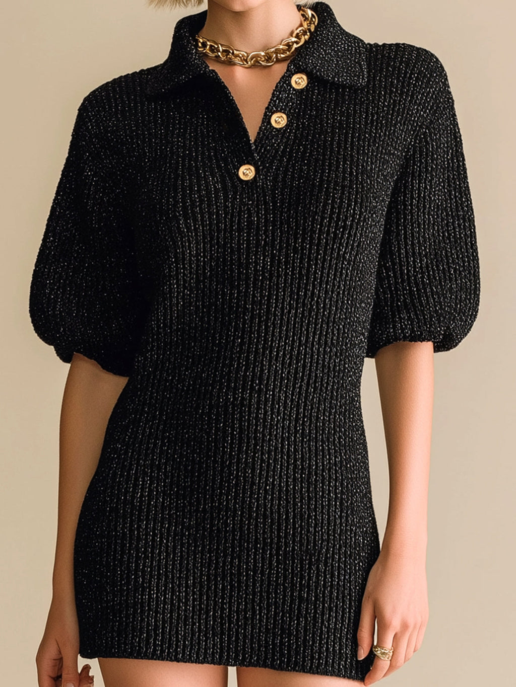 Chic Vintage Black Button-Up Lapel Collar Short-Sleeve Loose-Fit Knit Mini Dress