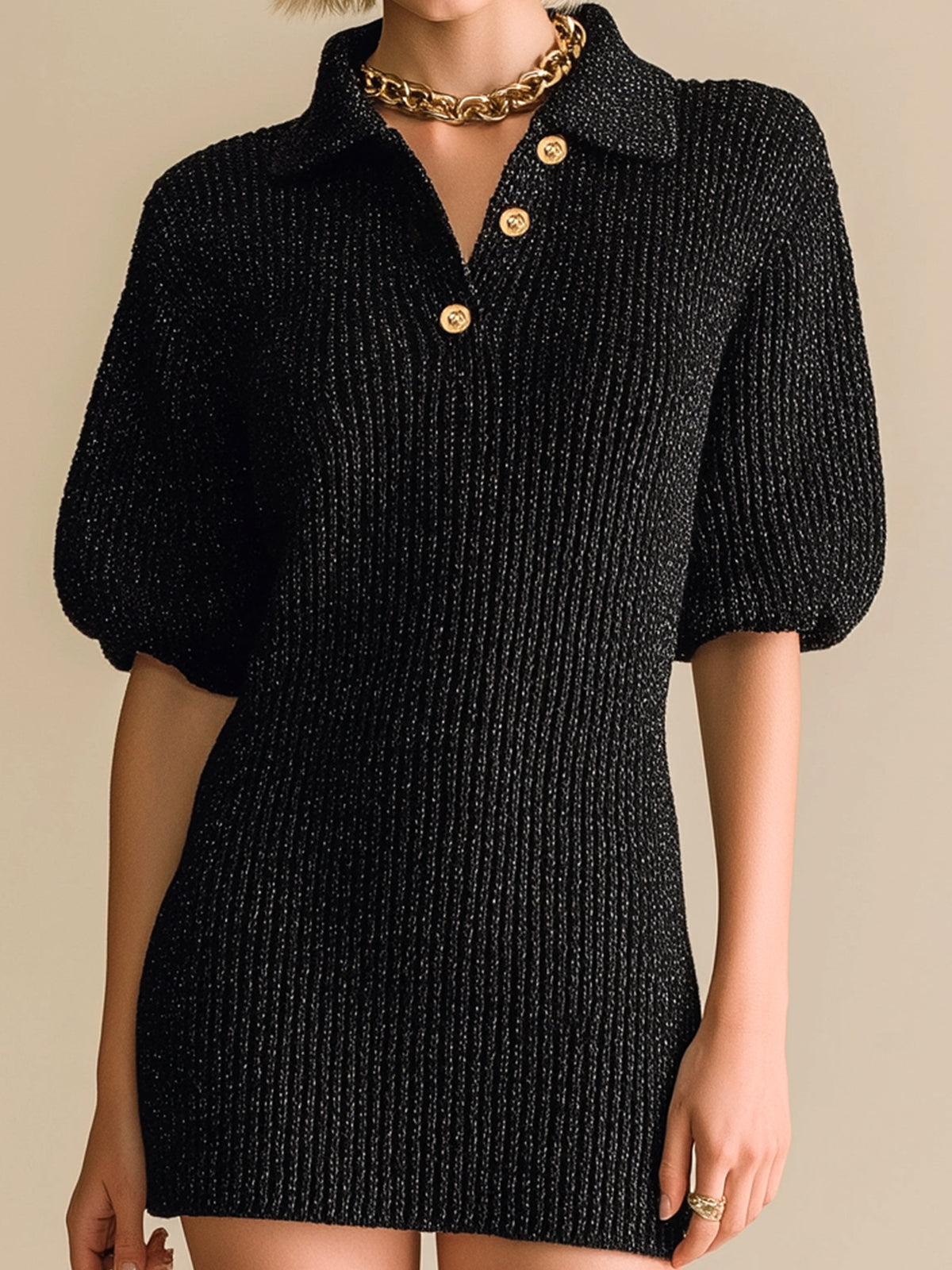 Chic Vintage Black Button-Up Lapel Collar Short-Sleeve Loose-Fit Knit Mini Dress