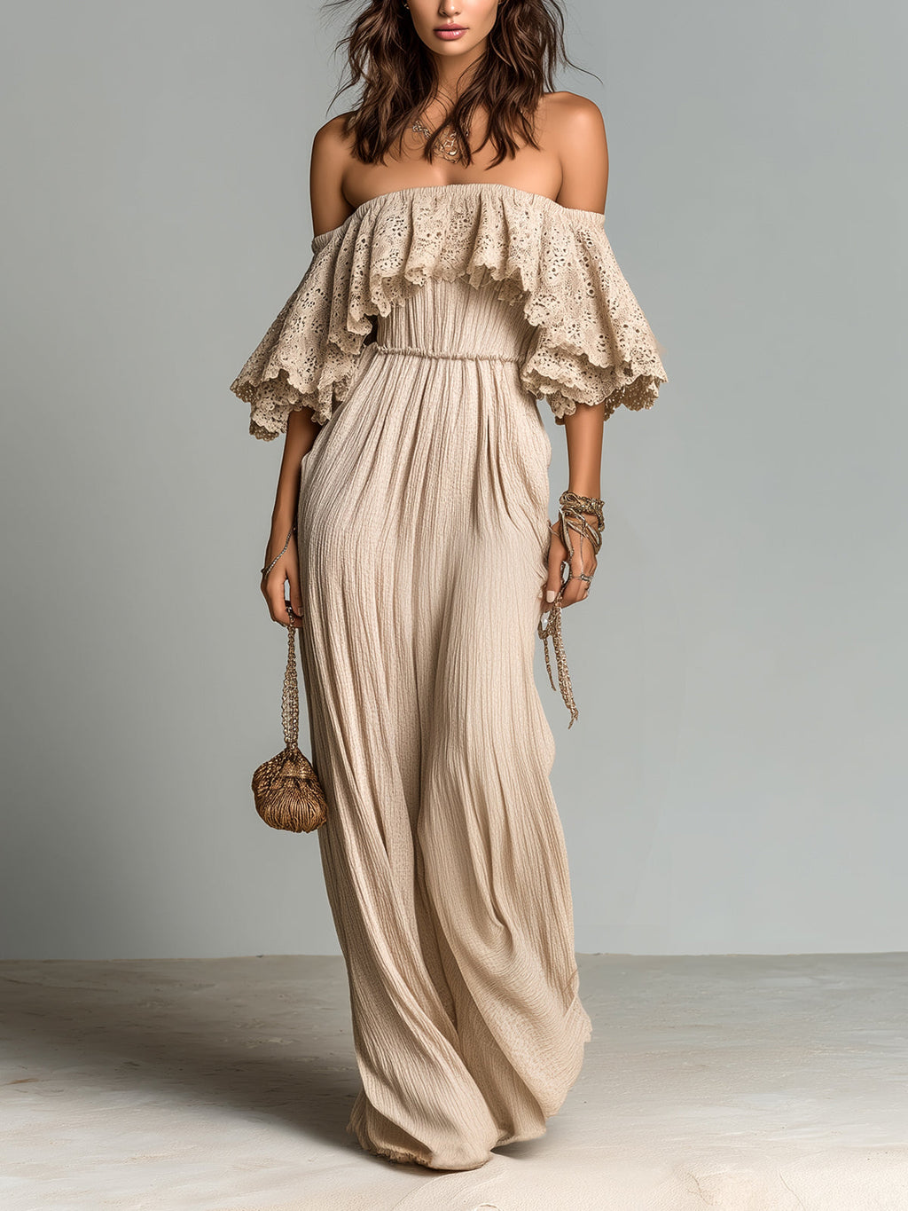Chic Elegant Apricot Cotton Blend Off-The-Shoulder Short-Sleeve Lace Detail Elastic Waist Pleated Maxi Dress