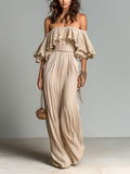 Chic Elegant Apricot Cotton Blend Off-The-Shoulder Short-Sleeve Lace Detail Elastic Waist Pleated Maxi Dress