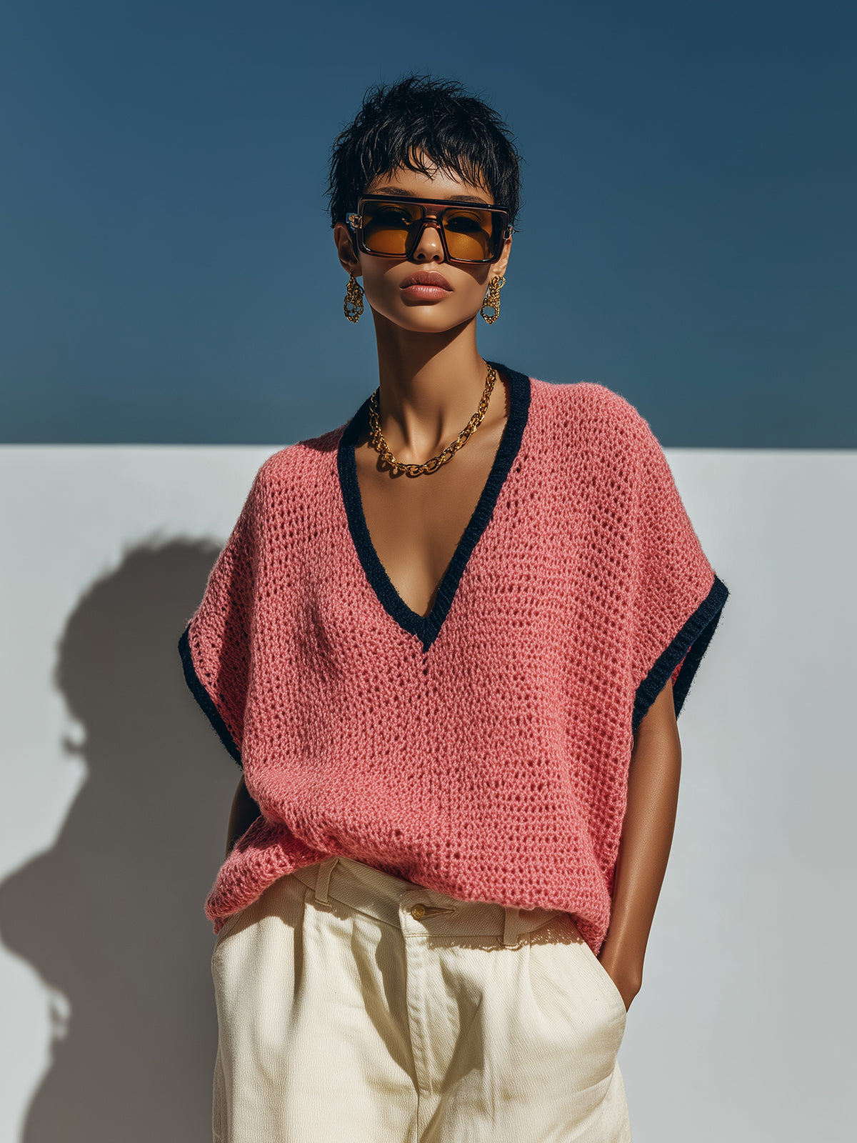 Chic Casual Dark Pink Contrast-Trim V-Neck Short-Sleeve Loose-Fit Breathable Knit Sweater Top