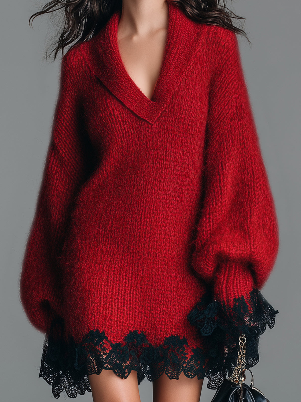 Chic Vintage Red Shawl Collar Long Lantern Sleeve Oversized Contrast Lace Hem Knit Mini Dress