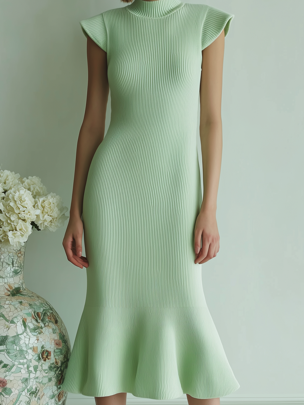 Chic Vintage Light Green Stand Collar Little Flying Sleeve Flared Hem Fit Knit Dress