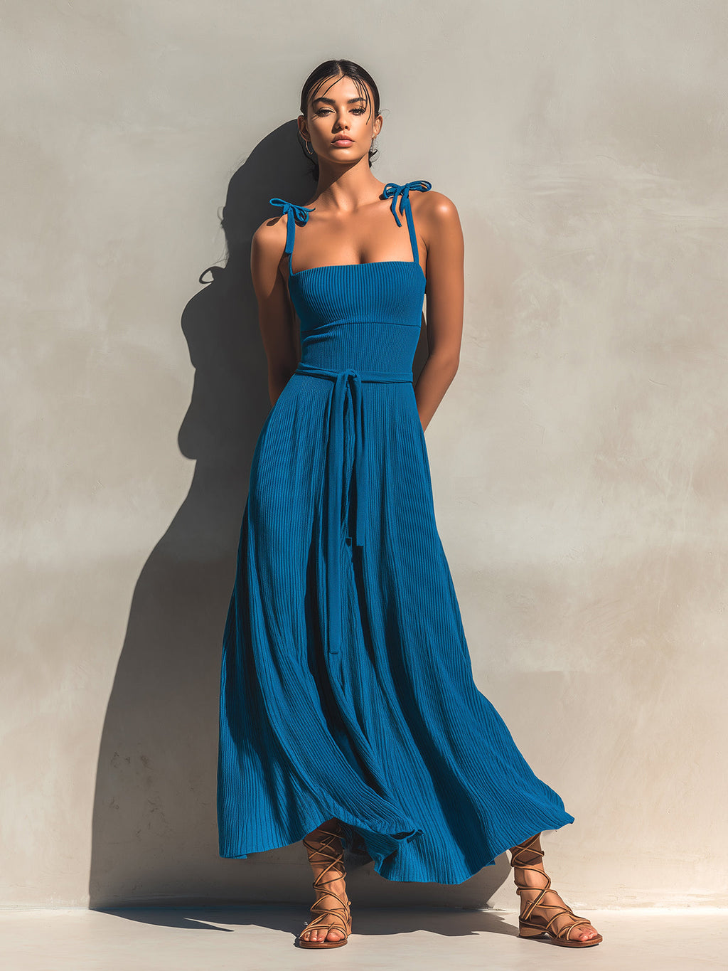 Chic Elegant Dark Blue Spaghetti Straps Square Neck Sleeveless Tie-Waist A-Line Ribbed Knit Maxi Dress