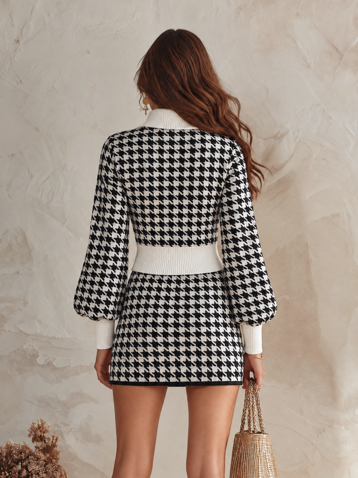 Resort-style Collared Long-sleeved Top And Houndstooth Skirt Set