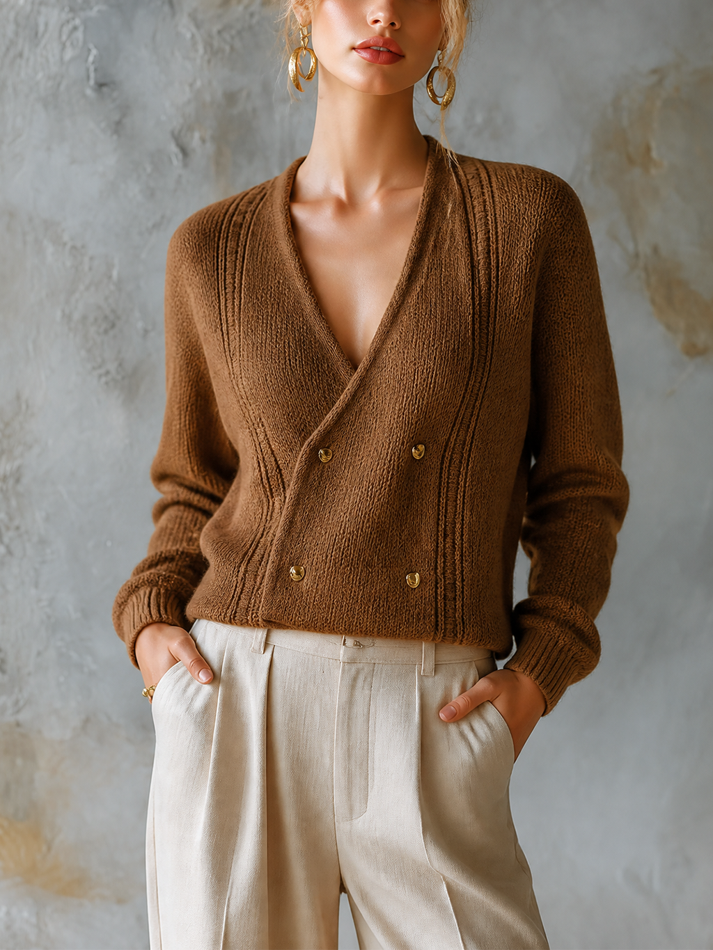 Chic Elegant Brown V‑Neck Double‑Breasted Long-Sleeve Loose-Fit Chunky Knit Cardigan