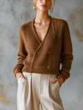 Chic Elegant Brown V‑Neck Double‑Breasted Long-Sleeve Loose-Fit Chunky Knit Cardigan