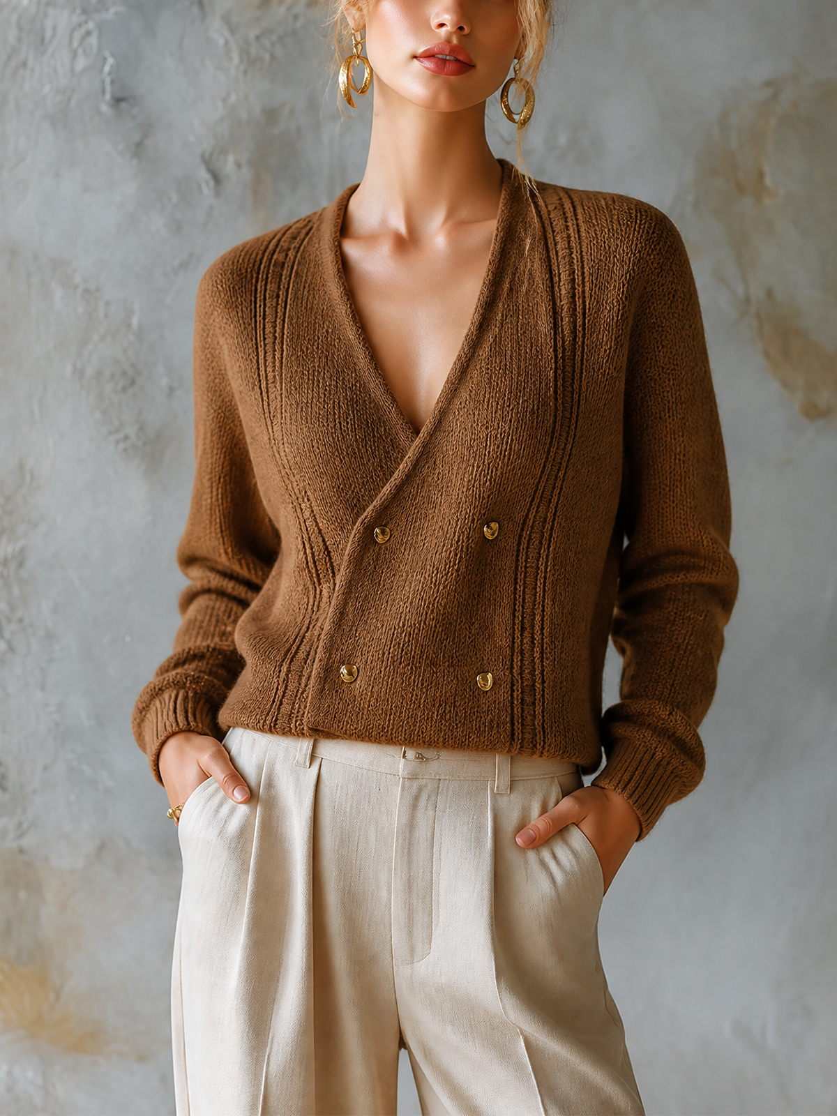 Chic Elegant Brown V‑Neck Double‑Breasted Long-Sleeve Loose-Fit Chunky Knit Cardigan