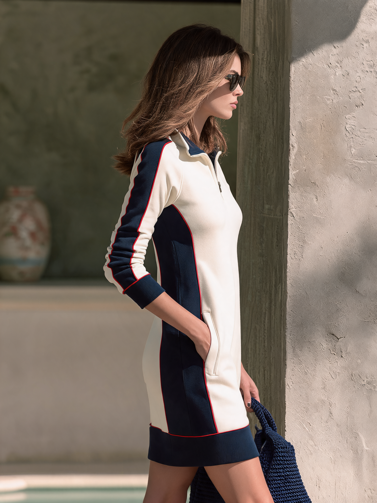 Casual Half-Zip Colorblock Long-Sleeve Mini Dress