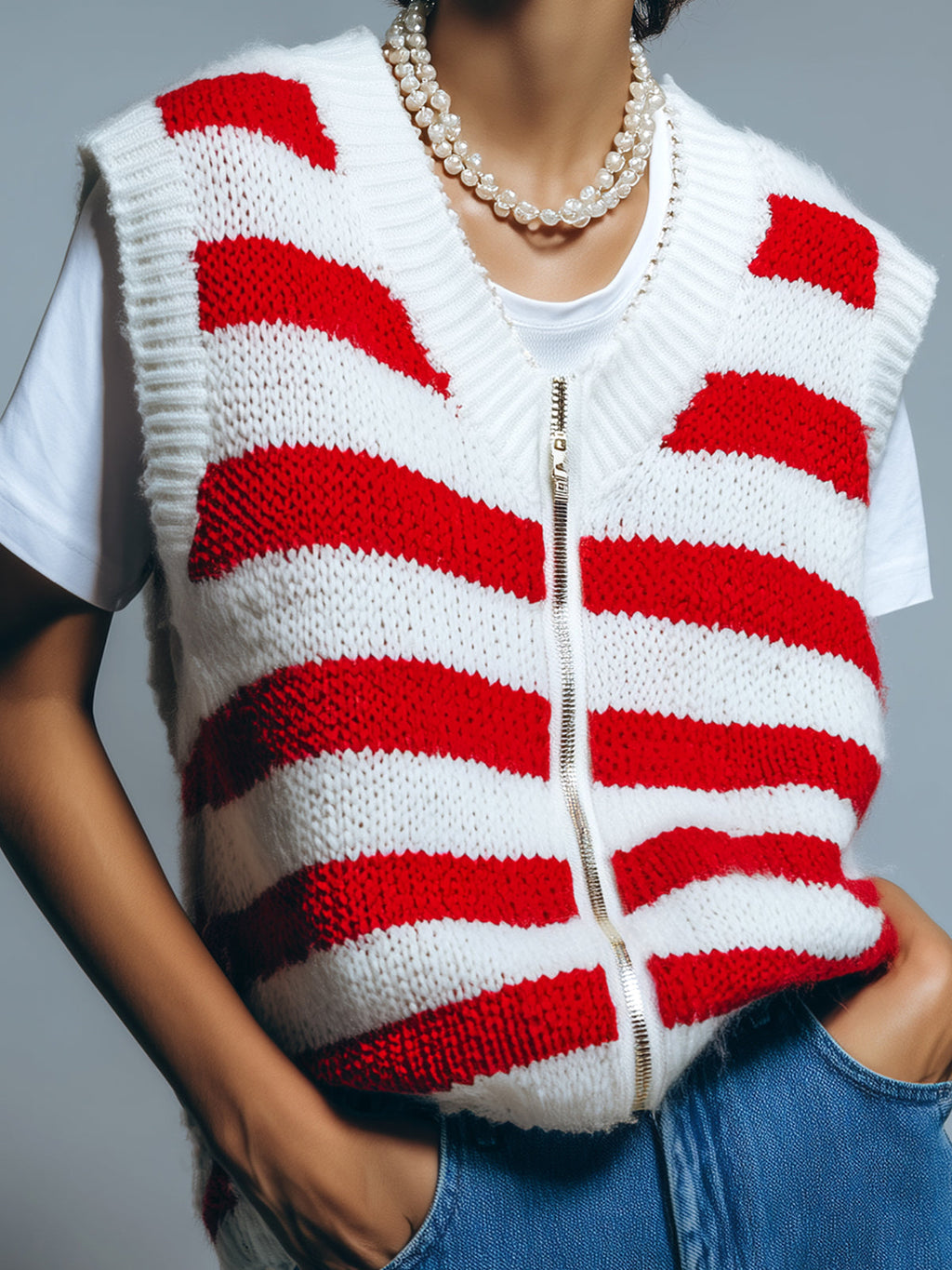 Chic Casual Red White Stripes V-Neck Zipper-Front Oversize Knit Vest