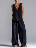 Fashionable Elegant Navy Blue Colorblock V-neck Sleeveless Loose-Fit Vest Wide-Leg Pants Knit Two-Piece Set