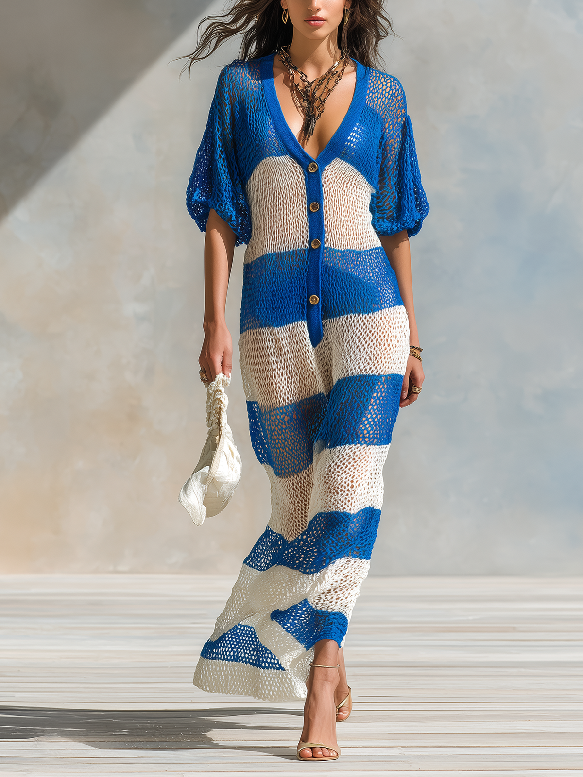 Chic Elegant Blue-White Striped V-Neck Button-Front Short-Sleeve Loose-Fit Mesh Knit Maxi Dress