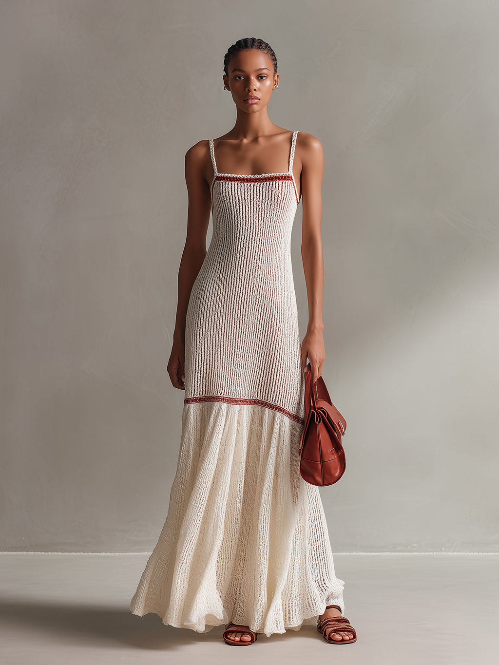 Chic Elegant Cream White Spaghetti Straps Square Neck Sleeveless Slim-Fit Patchwork Hem Ribbed Knit Holiday Maxi Dress