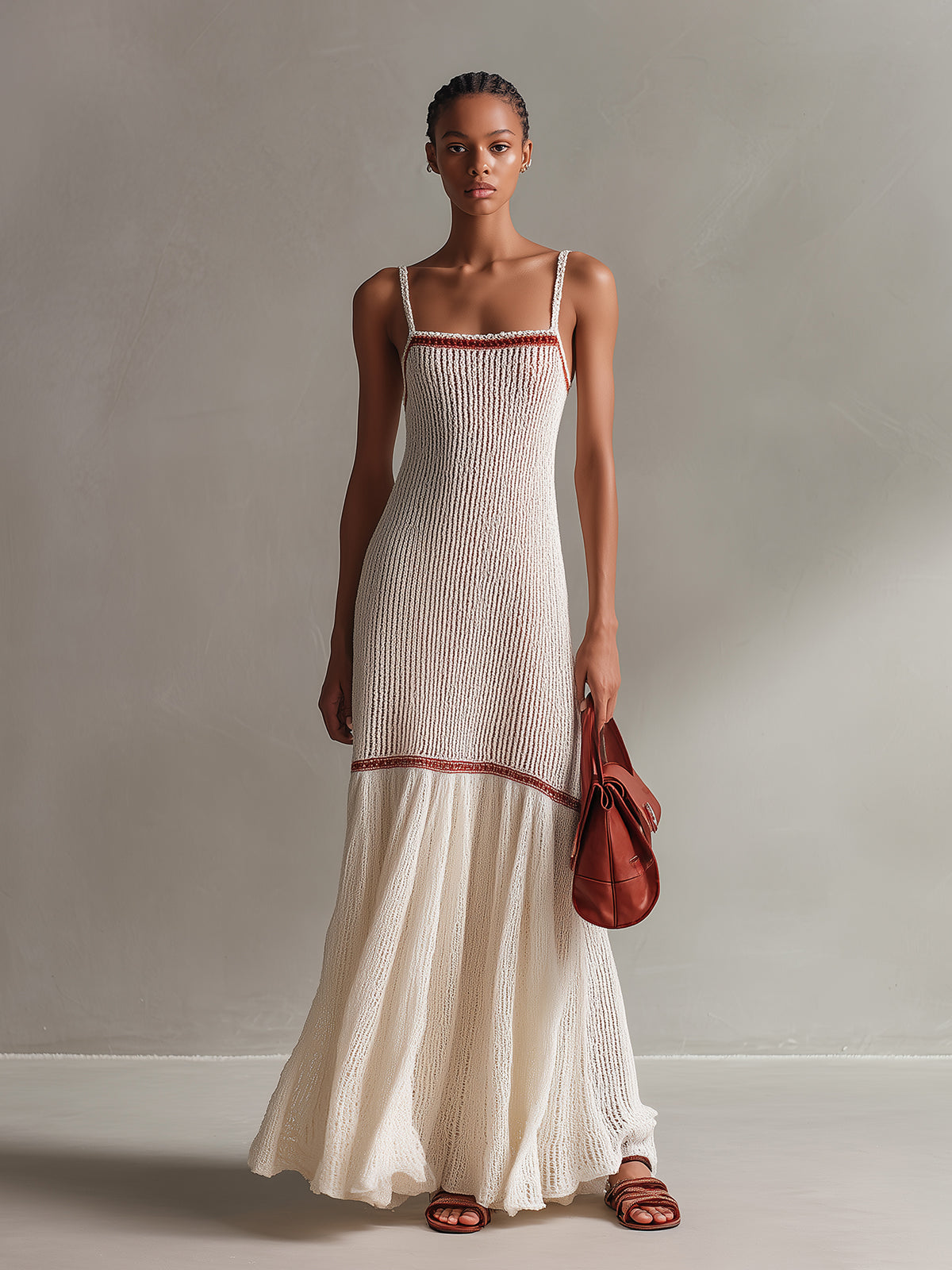 Chic Elegant Cream White Spaghetti Straps Square Neck Sleeveless Slim-Fit Patchwork Hem Ribbed Knit Holiday Maxi Dress